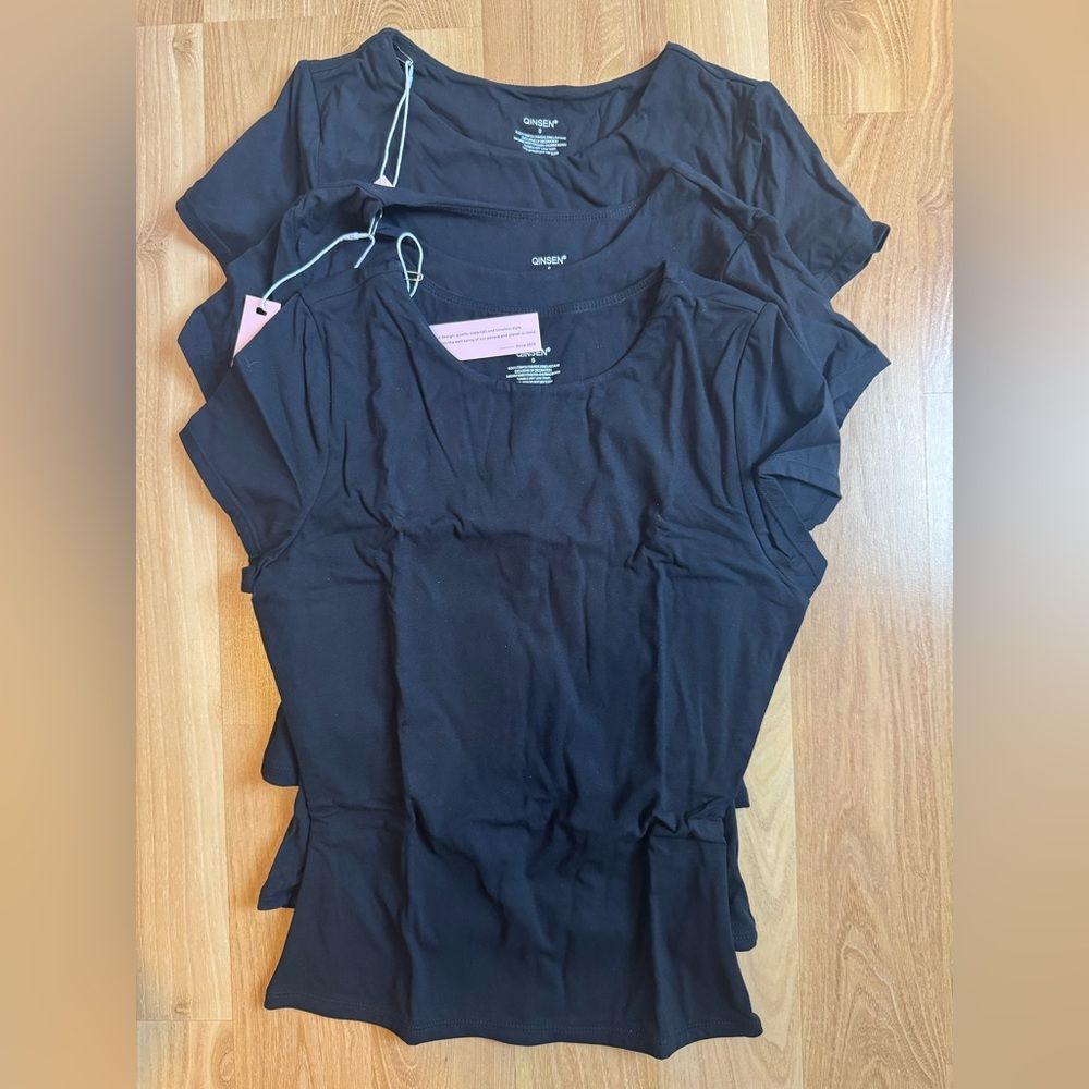 QINSEN Women’s Black Short Sleeve Crew Tee 3 PACK